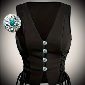 Black Cross Tie Lace-Up Vest with Silver & Turquoise Decorative Buttons
